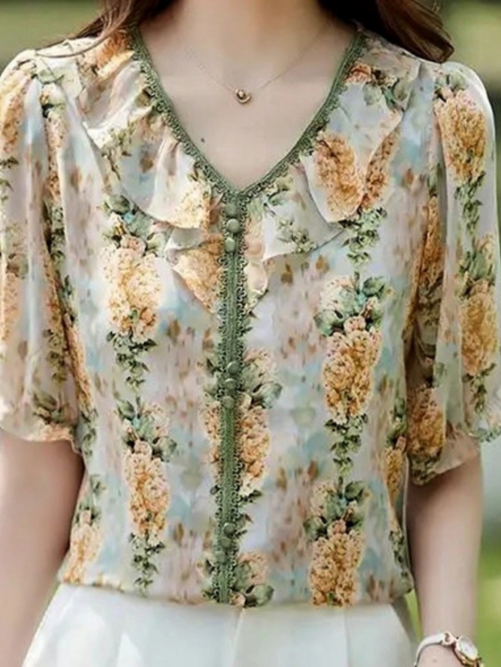 Floral V-Neck Beige Mustard Green Light Blouse